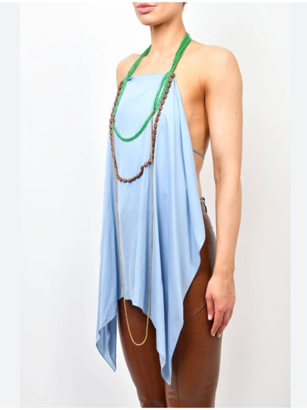Jacquemus Haut Bijoux Backless Draped Embellished Crepe Halterneck Top In Blue